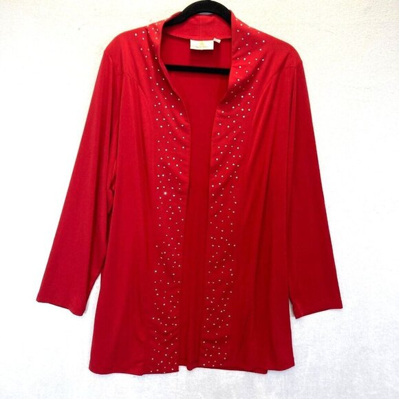 Quacker Factory Sweaters - Quacker Factory Slinky Open Front Cardigan Womens 1X Rhinestone Red Long Line XL